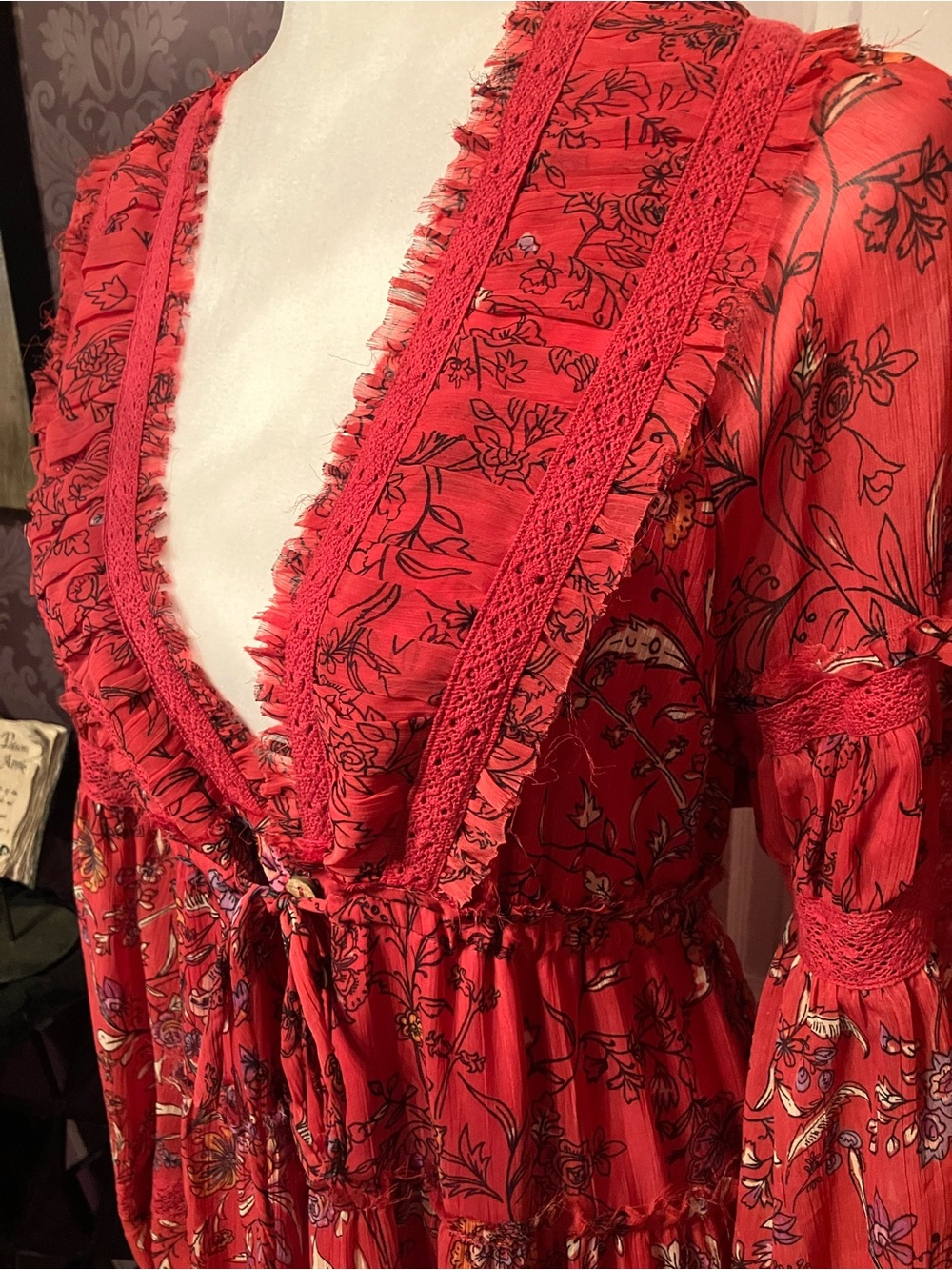 NWT Free People “Cassis” Boho Red Floral Tiered Maxi Dress with Tie Waist - Picture 6 of 14